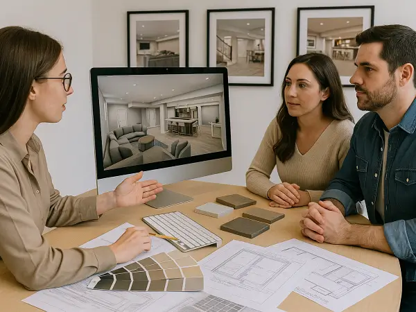 Professional designer presenting basement remodeling plans and 3D renderings to clients
